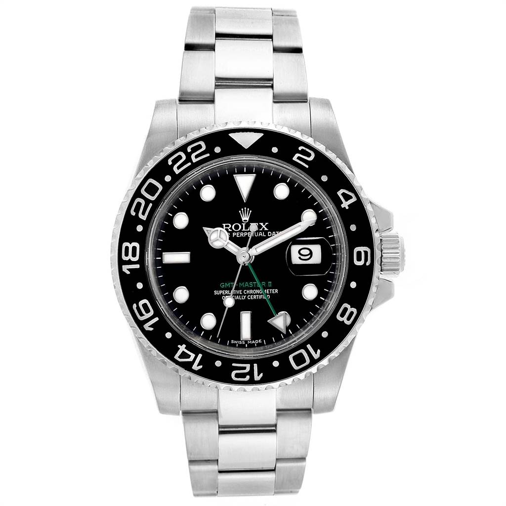 The Rolex GMT-Master 116710 Men's Stainless Steel Black Dial 116710 Men's Stainless Steel Black Dial watch is shown from a front angle, featuring its dial, bezel, and bracelet.