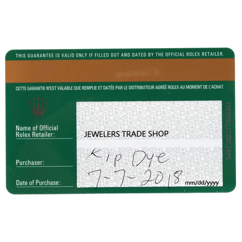 This is a warranty card for the Rolex GMT-Master 116710 Men's Stainless Steel Black Dial 116710 Men's Stainless Steel Black Dial, displaying the retailer, purchaser, and date of purchase details.
