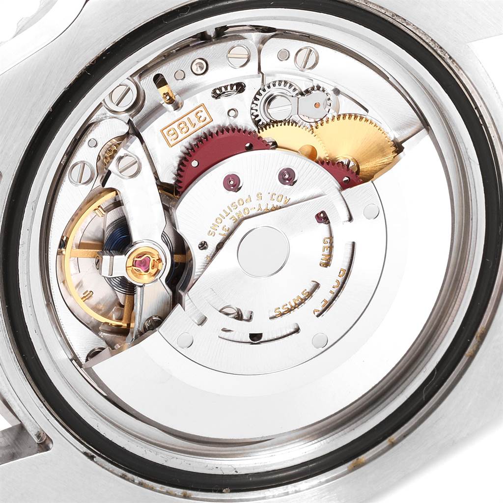 This is a close-up view showing the interior mechanism of a Rolex GMT-Master 116710 Men's Stainless Steel Black Dial 116710 Men's Stainless Steel Black Dial watch's movement.