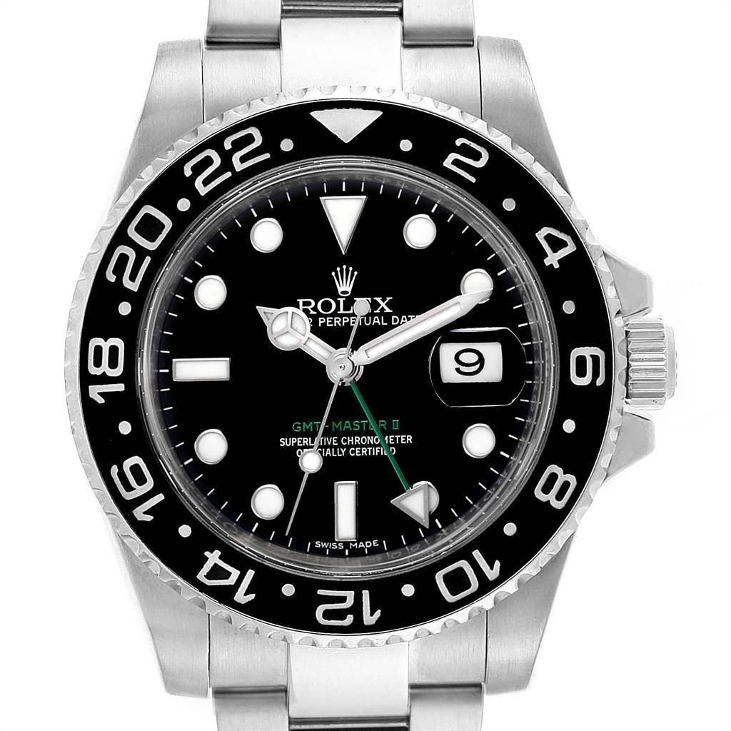 The image shows a frontal view of the Rolex GMT-Master 116710 Men's Stainless Steel Black Dial 116710 Men's Stainless Steel Black Dial II watch, displaying the dial, bezel, bracelet, and crown with date aperture.