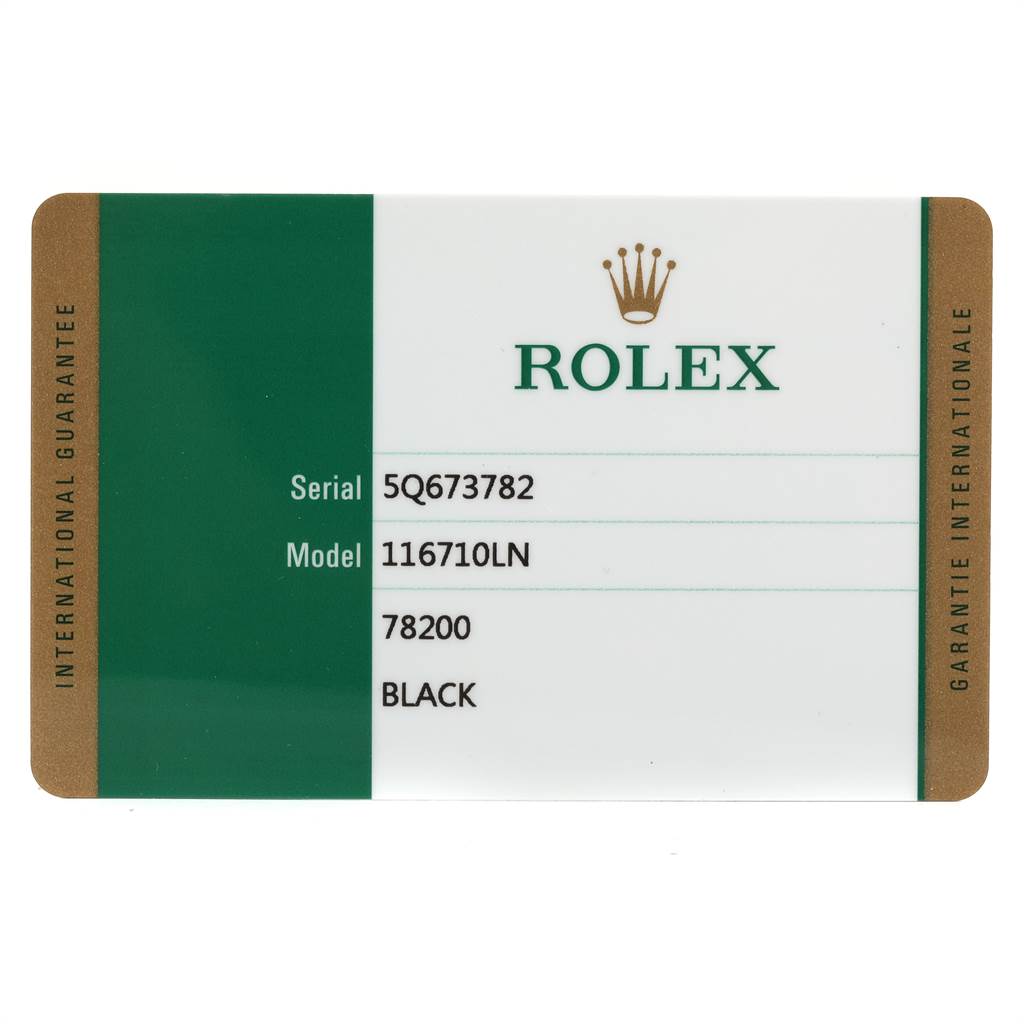 This image shows the international guarantee card for a Rolex GMT-Master 116710 Men's Stainless Steel Black Dial 116710 Men's Stainless Steel Black Dial model 116710LN watch, including serial number and color details.
