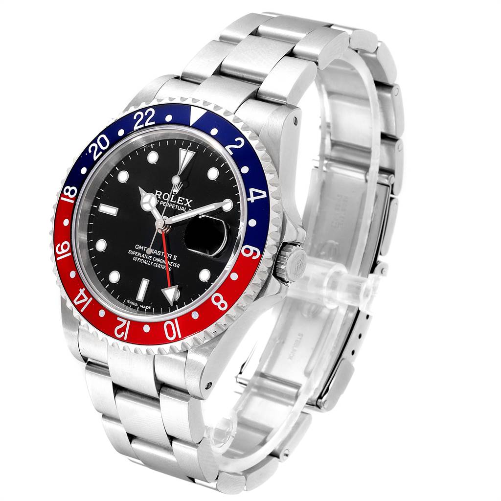 This image shows a Rolex GMT-Master 16710 Men's Stainless Steel Black Dial 16710 Men's Stainless Steel Black Dial watch at a slight angle, displaying its bezel, dial, crown, bracelet, and clasp.
