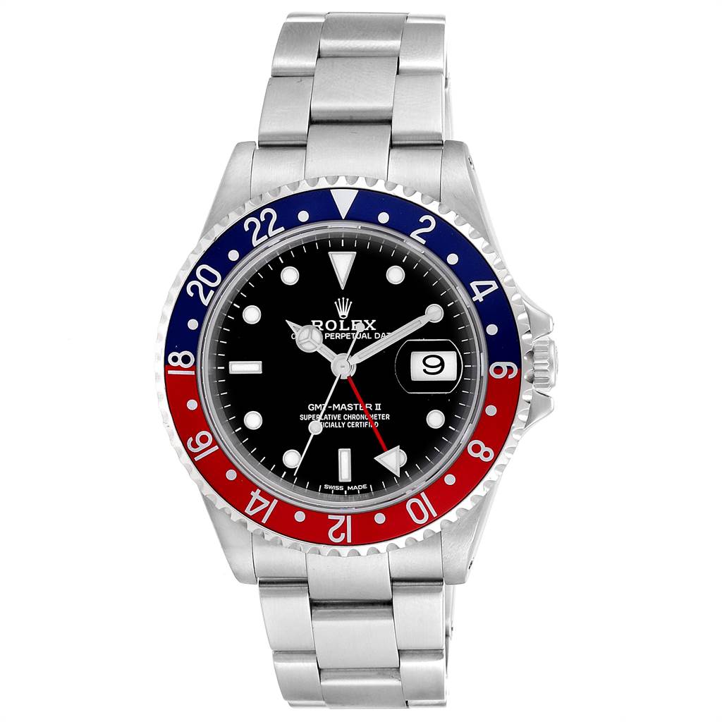 The image shows a front view of a Rolex GMT-Master 16710 Men's Stainless Steel Black Dial 16710 Men's Stainless Steel Black Dial watch, displaying its face, bezel, bracelet, and date window.