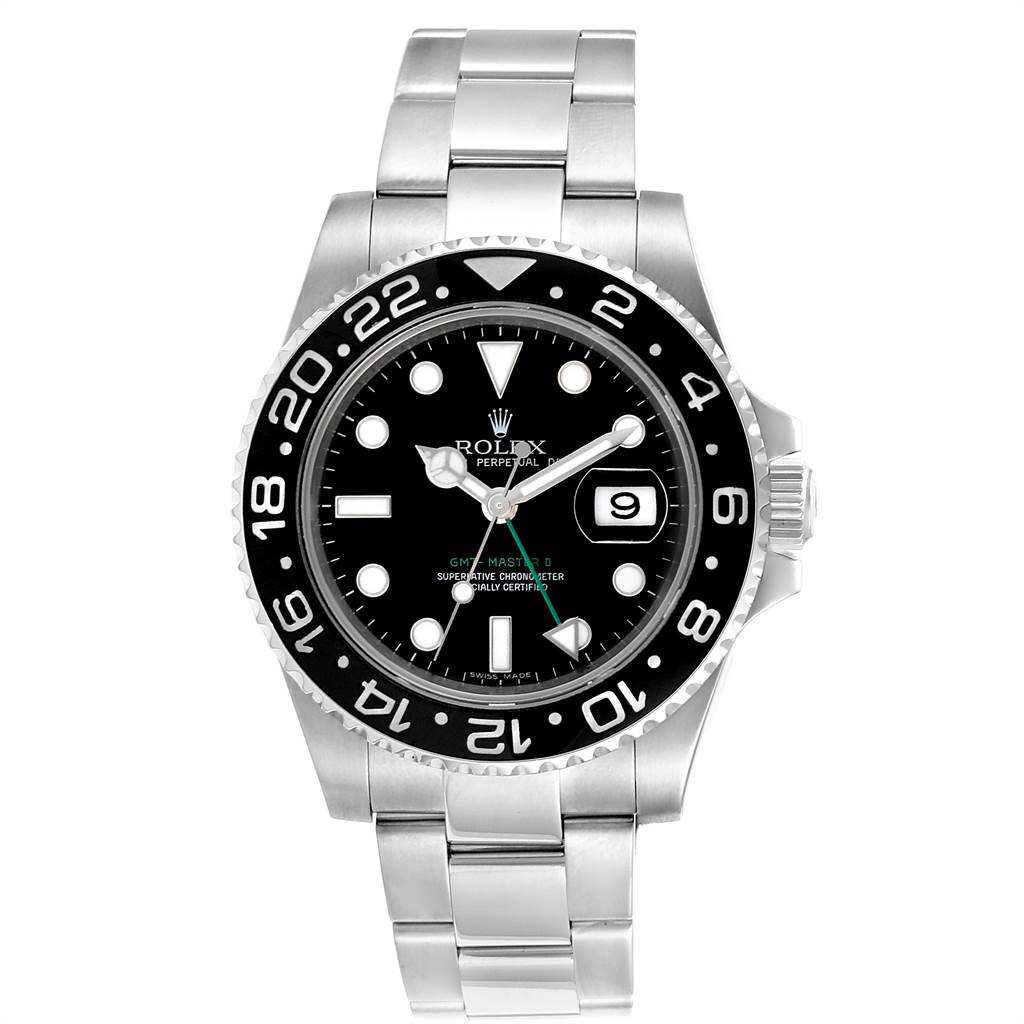 The image shows a front view of a Rolex GMT-Master 116710 Men's Stainless Steel Black Dial 116710 Men's Stainless Steel Black Dial watch, highlighting the bezel, dial, bracelet, and crown.