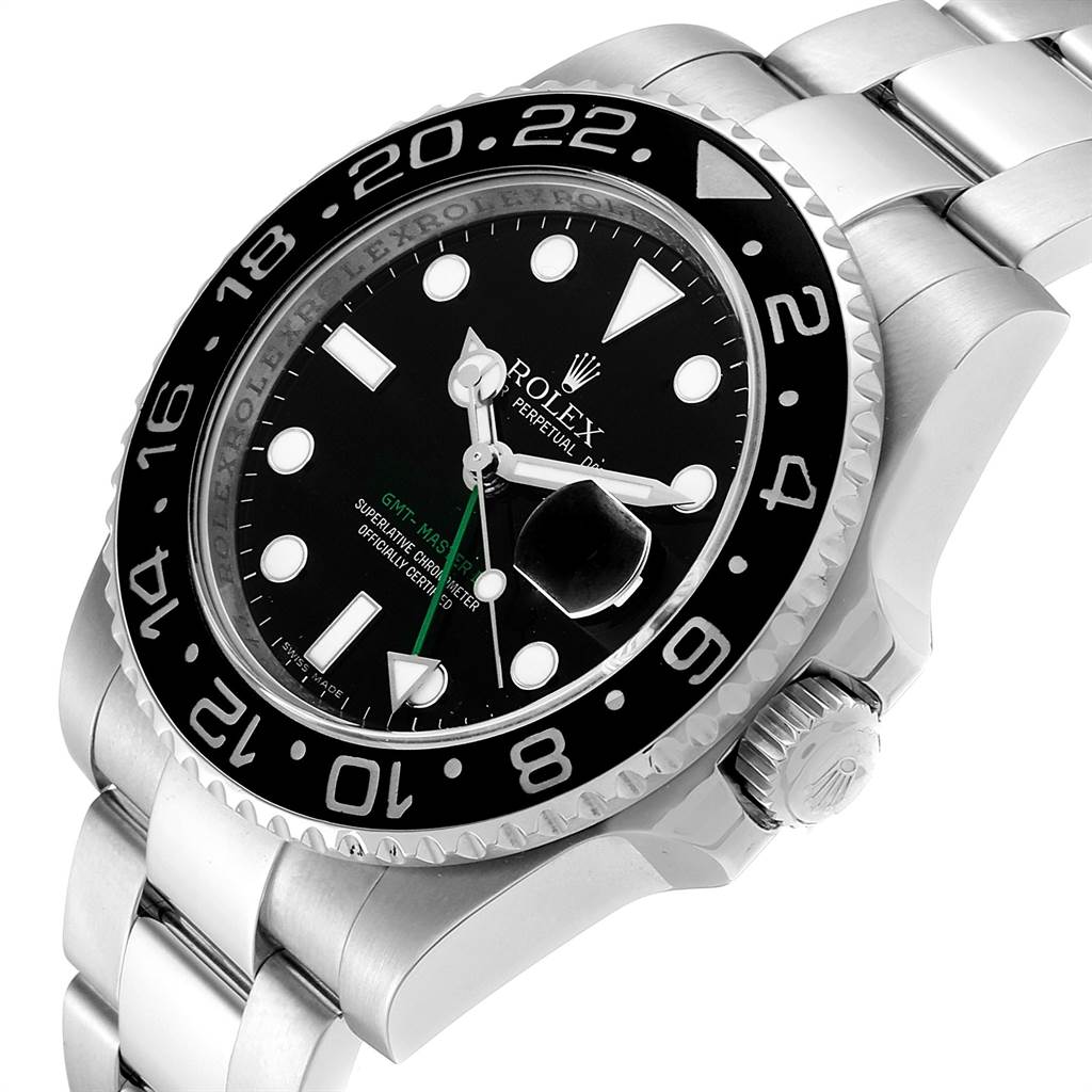 This image shows a close-up of the Rolex GMT-Master 116710 Men's Stainless Steel Black Dial 116710 Men's Stainless Steel Black Dial watch, displaying the face, bezel, crown, and a portion of the bracelet at an angle.