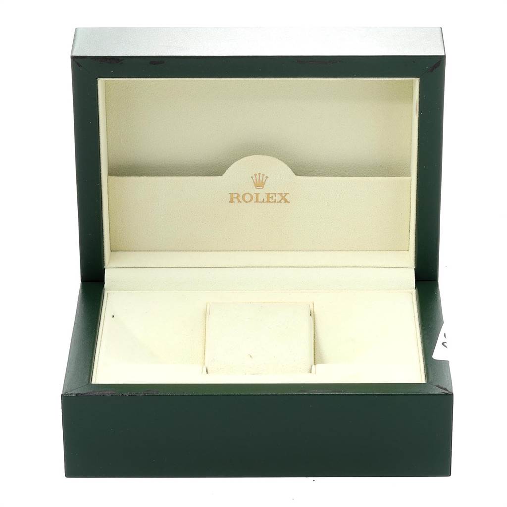 This image shows an empty green and beige Rolex GMT-Master 116710 Men's Stainless Steel Black Dial 116710 Men's Stainless Steel Black Dial watch box from a frontal angle.