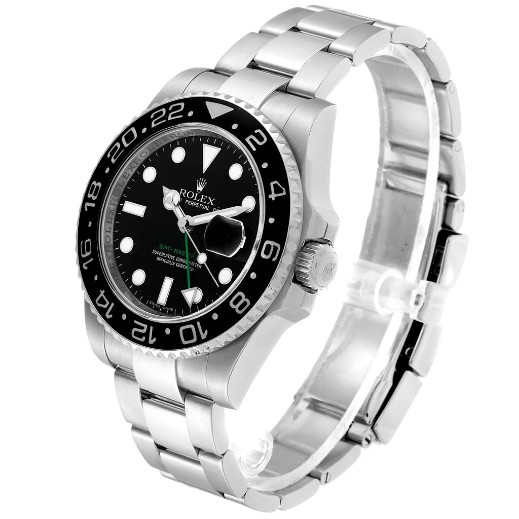 The image shows a three-quarter angle view of the Rolex GMT-Master 116710 Men's Stainless Steel Black Dial 116710 Men's Stainless Steel Black Dial watch, highlighting its bezel, crown, dial, and bracelet.