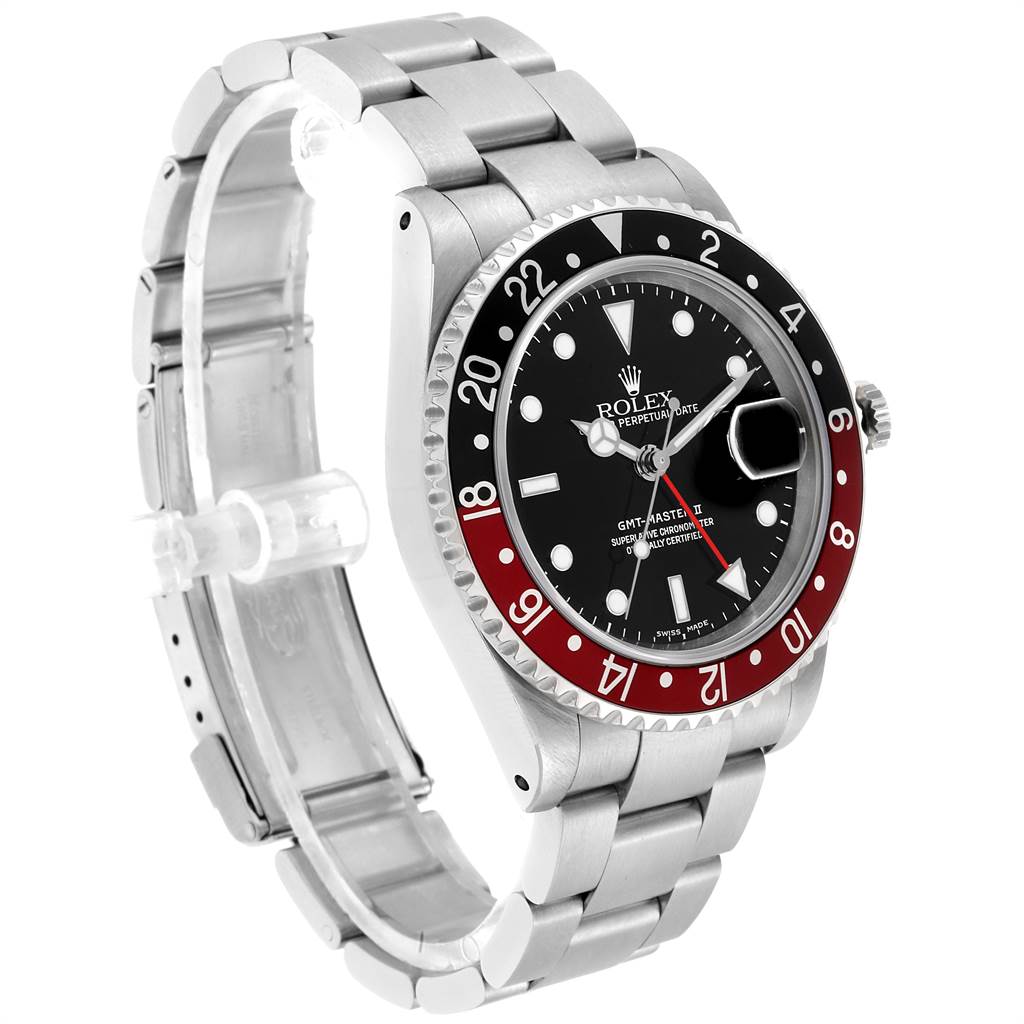 The Rolex GMT-Master 16710 Men's Stainless Steel Black Dial 16710 Men's Stainless Steel Black Dial watch is shown at a 3/4 angle, highlighting the face, bezel, and bracelet.