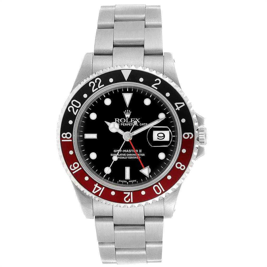 The image shows a front view of the Rolex GMT-Master 16710 Men's Stainless Steel Black Dial 16710 Men's Stainless Steel Black Dial II watch, featuring a black dial, date display, and a 'Pepsi' red and black bezel.
