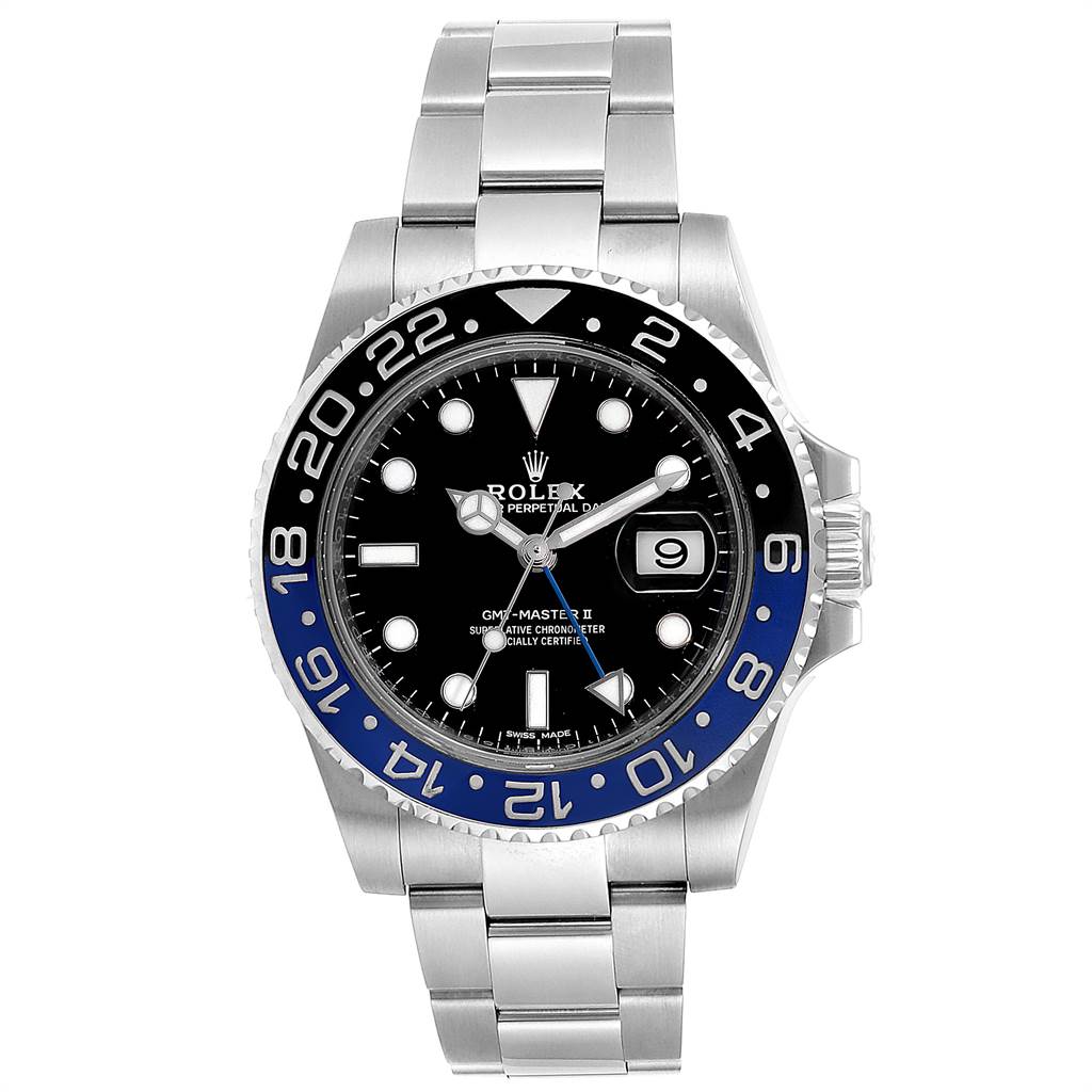 The image shows a frontal view of a Rolex GMT-Master 116710 Men's Stainless Steel Black Dial 116710 Men's Stainless Steel Black Dial II watch, displaying the bezel, dial, hands, and bracelet.