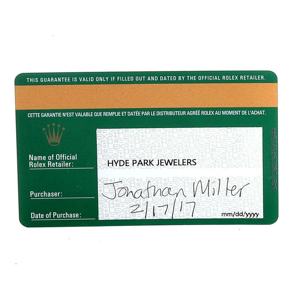 This image shows a filled-out warranty card for a Rolex GMT-Master 116710 Men's Stainless Steel Black Dial 116710 Men's Stainless Steel Black Dial watch.