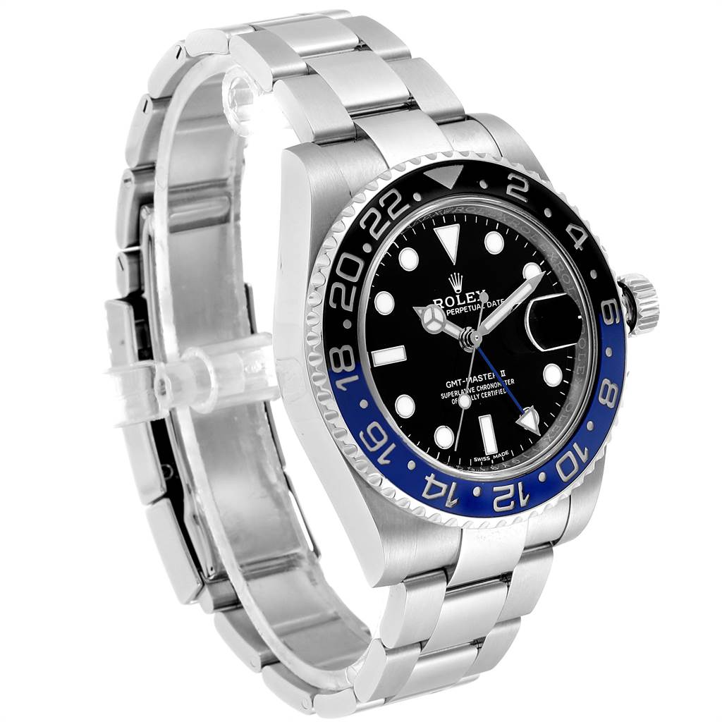 The image shows a Rolex GMT-Master 116710 Men's Stainless Steel Black Dial 116710 Men's Stainless Steel Black Dial watch at a side angle, highlighting its bezel, dial, and bracelet.