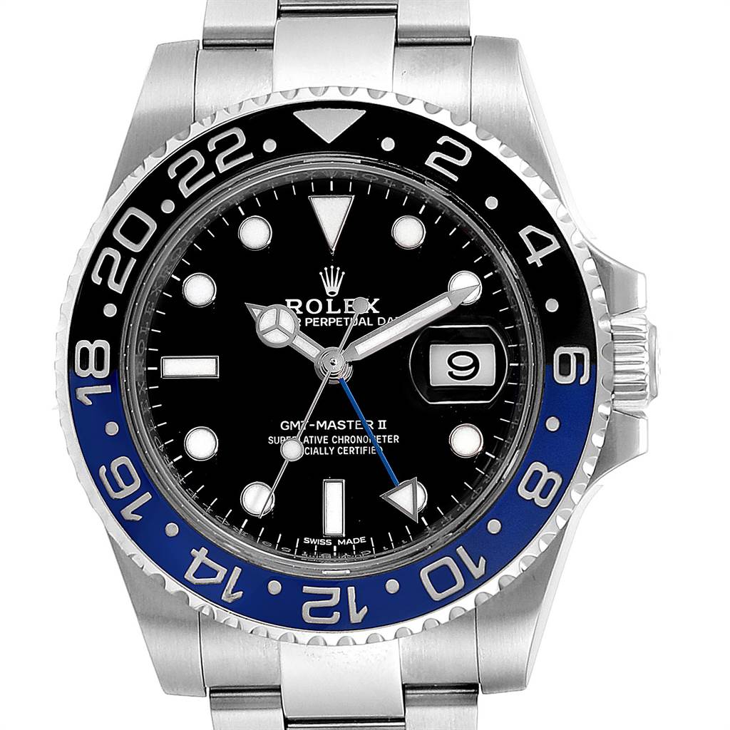 The image shows a front view of a Rolex GMT-Master 116710 Men's Stainless Steel Black Dial 116710 Men's Stainless Steel Black Dial II watch, displaying the dial, bezel, hands, and bracelet.