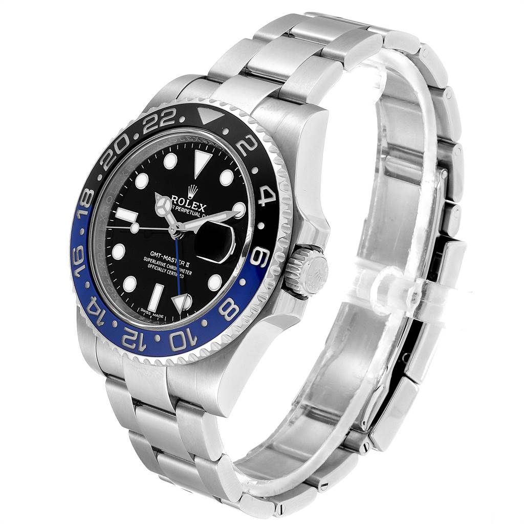 The image shows a Rolex GMT-Master 116710 Men's Stainless Steel Black Dial 116710 Men's Stainless Steel Black Dial watch at a three-quarter angle, highlighting the black and blue bezel, crown, bracelet, and black dial.
