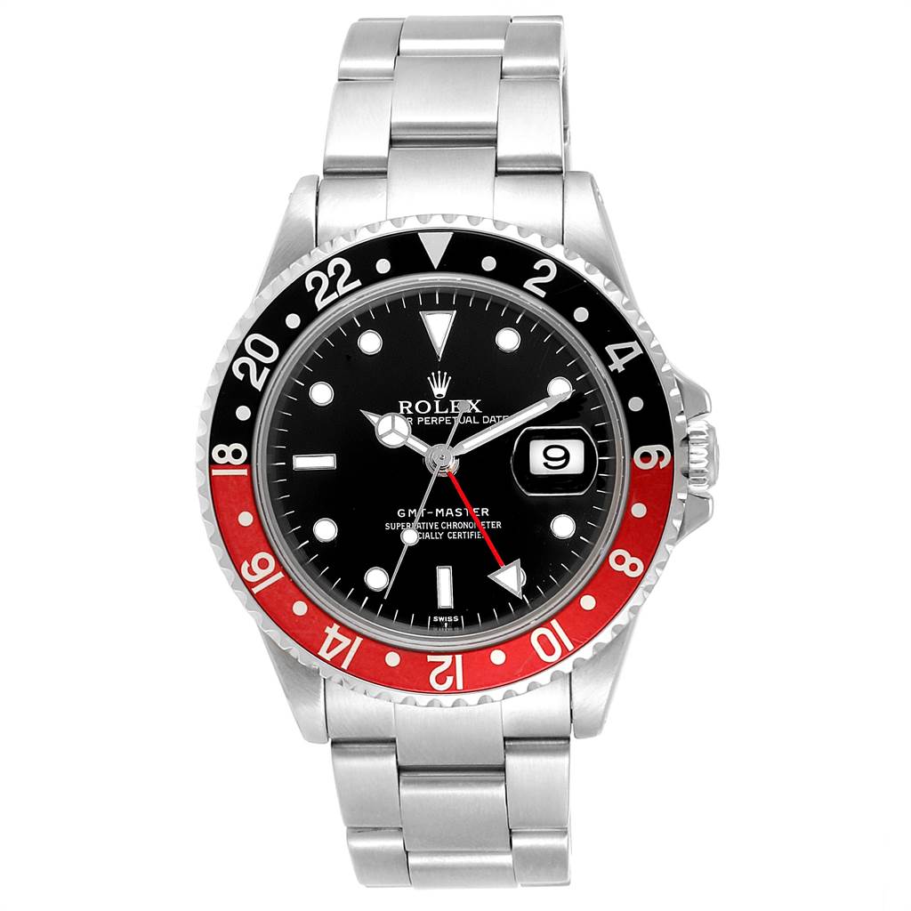 The image shows the front view of a Rolex GMT-Master 16700 Men's Stainless Steel Black Dial 16700 Men's Stainless Steel Black Dial watch, highlighting the dial, bezel, date window, and bracelet.