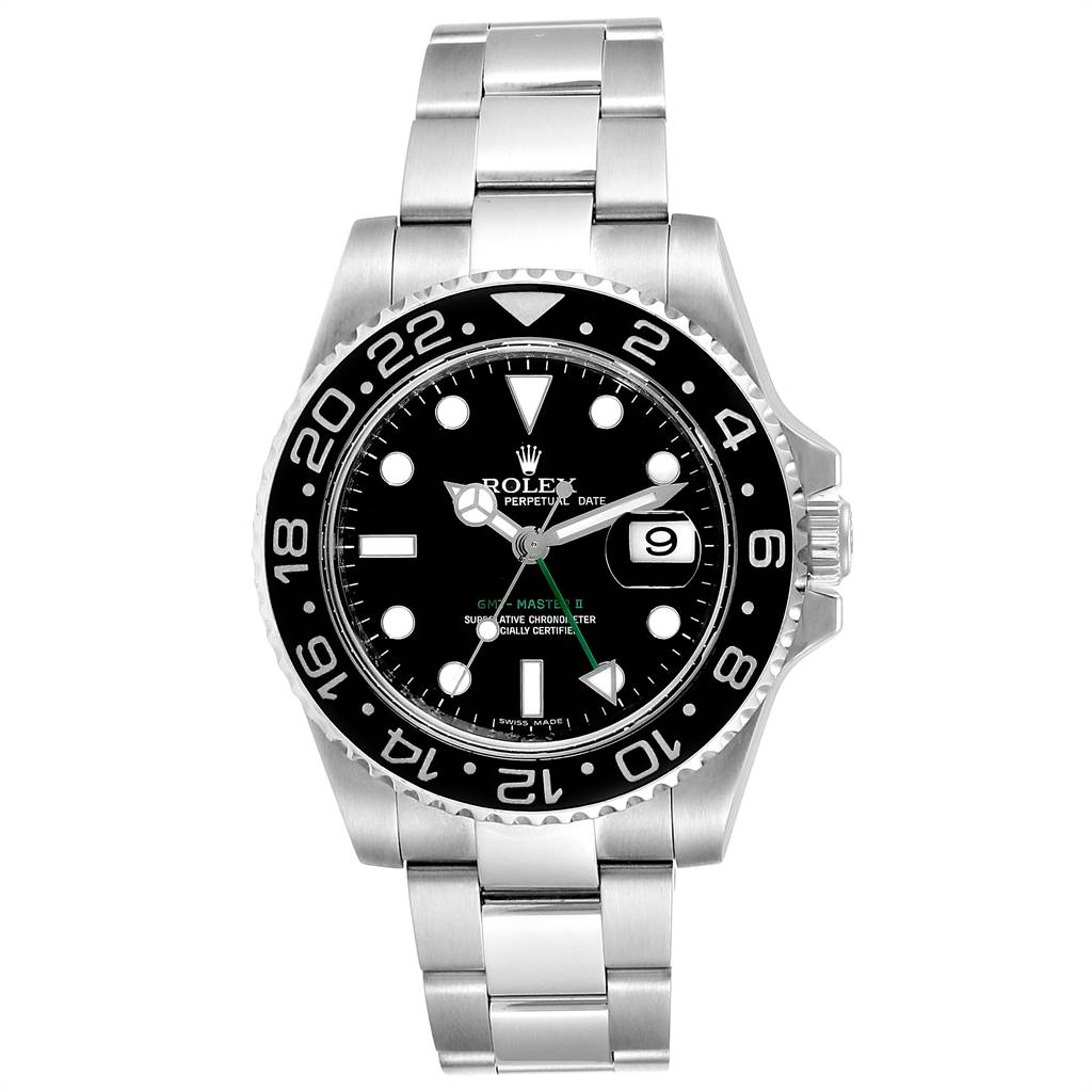 The image displays a front view of the Rolex GMT-Master 116710 Men's Stainless Steel Black Dial 116710 Men's Stainless Steel Black Dial watch, showing its face, bezel, and bracelet.