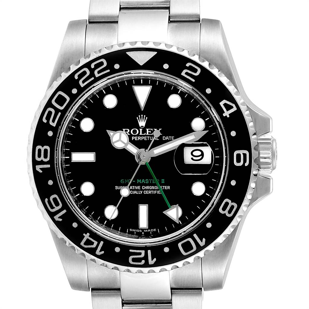 The image shows the face and bezel of a Rolex GMT-Master 116710 Men's Stainless Steel Black Dial 116710 Men's Stainless Steel Black Dial II watch, with a black dial, date window, and stainless steel bracelet.