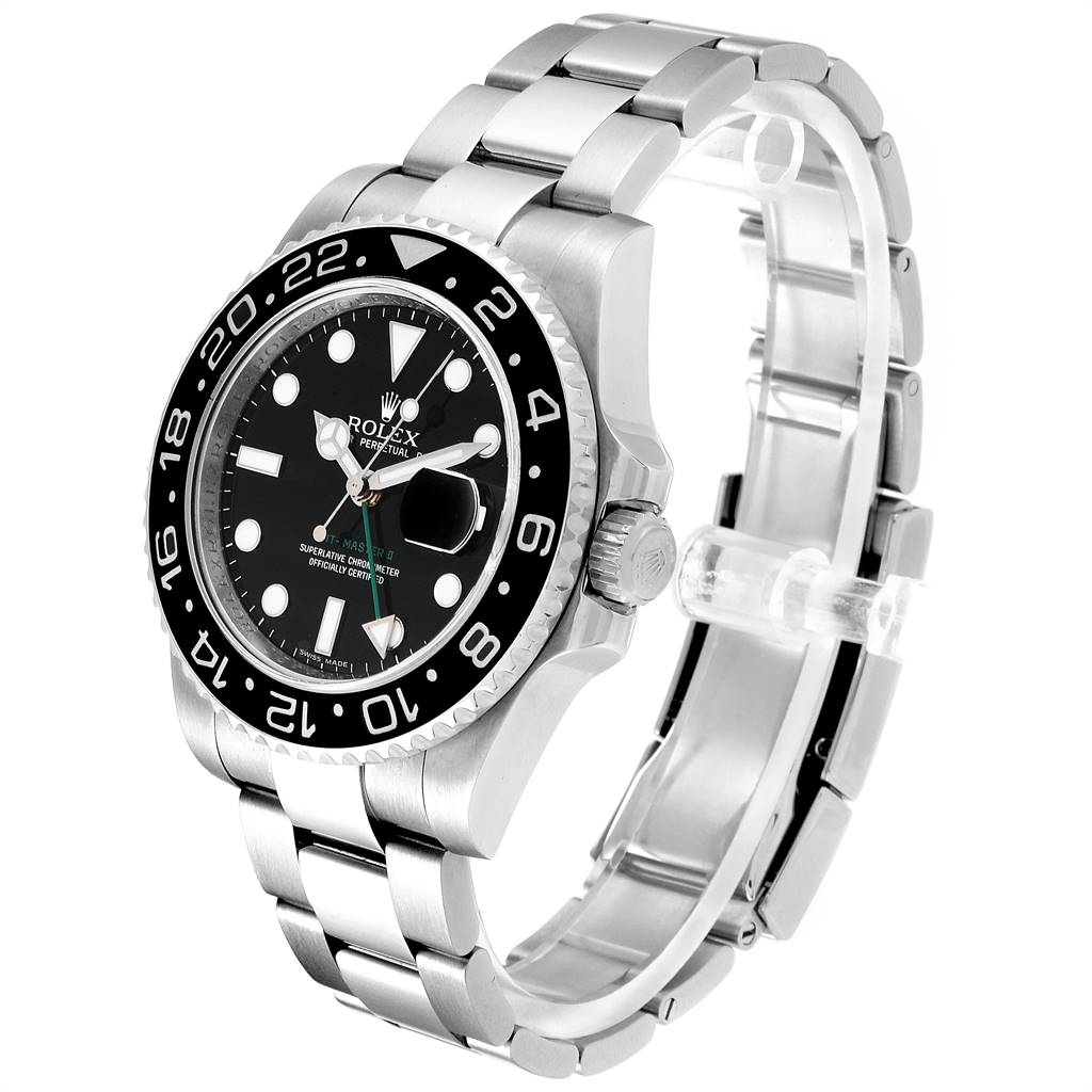 This Rolex GMT-Master 116710 Men's Stainless Steel Black Dial 116710 Men's Stainless Steel Black Dial watch is shown at a slight angle, displaying the face, bezel, case, crown, and bracelet clearly.