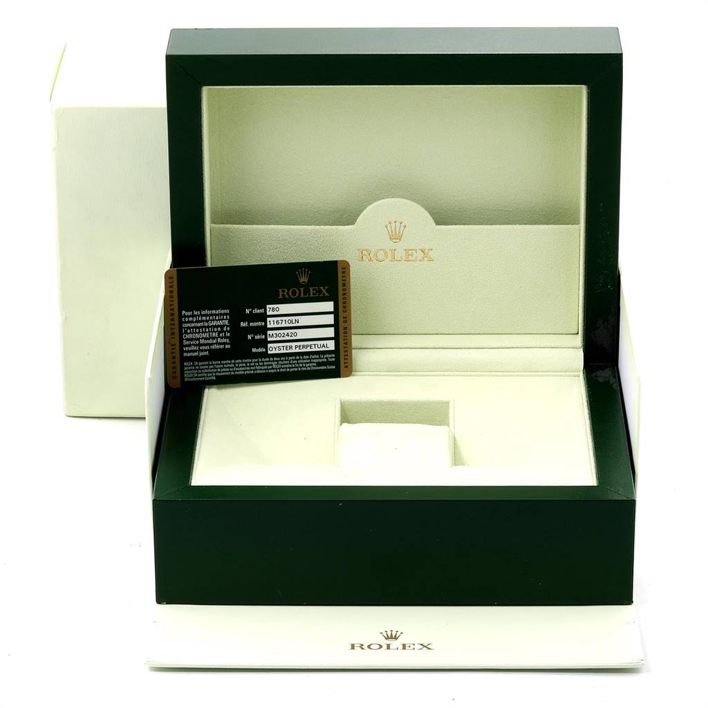 The image shows an open Rolex GMT-Master 116710 Men's Stainless Steel Black Dial 116710 Men's Stainless Steel Black Dial watch box and identification card from a top-front angle.