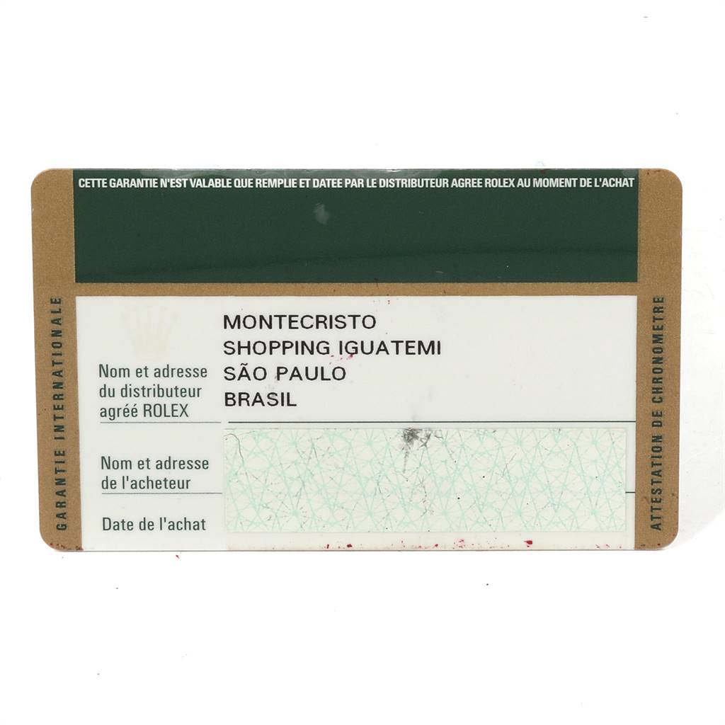 This image shows an international guarantee card for the Rolex GMT-Master 116710 Men's Stainless Steel Black Dial 116710 Men's Stainless Steel Black Dial watch.