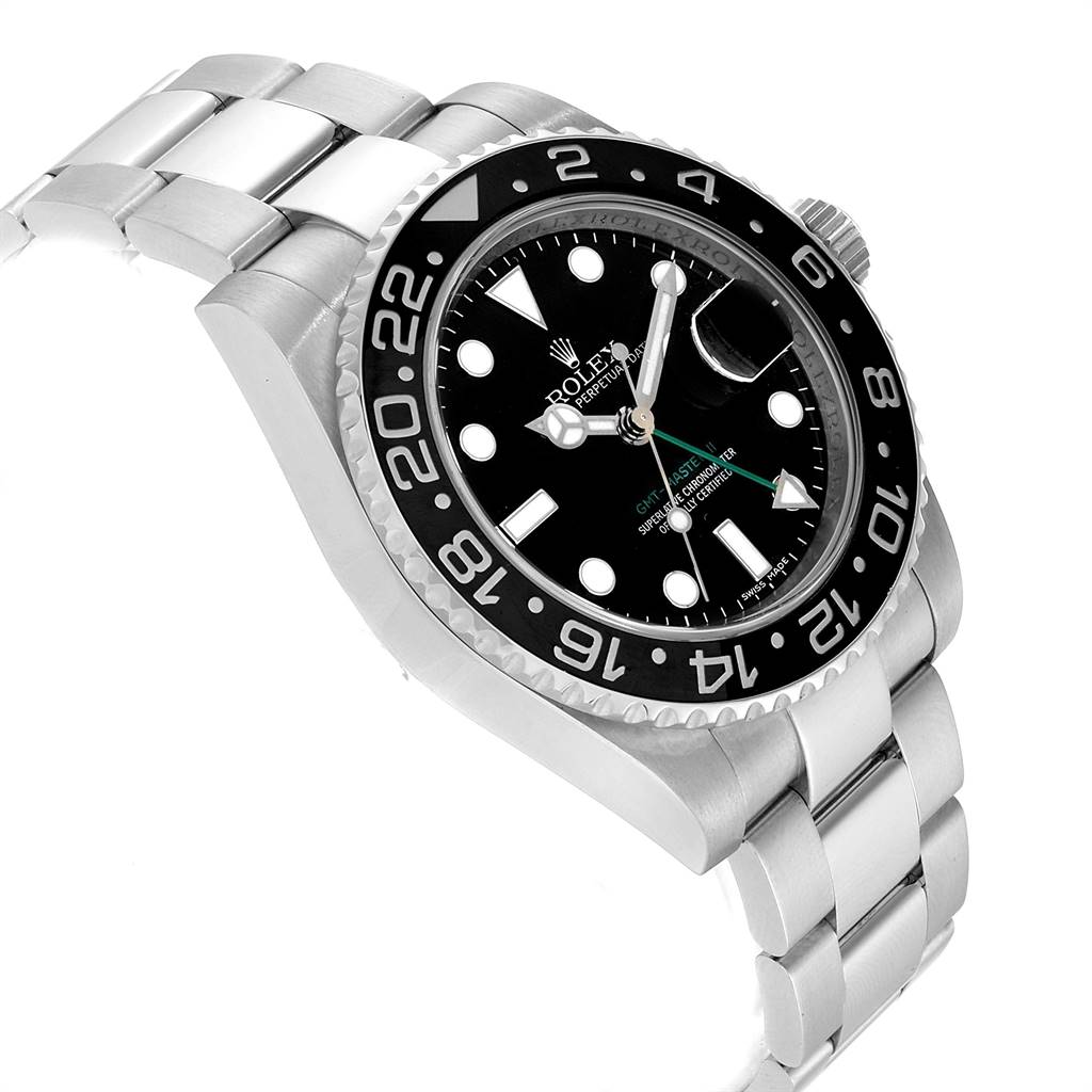 This image shows a Rolex GMT-Master 116710 Men's Stainless Steel Black Dial 116710 Men's Stainless Steel Black Dial watch at a side angle, highlighting the bezel, dial, and bracelet.