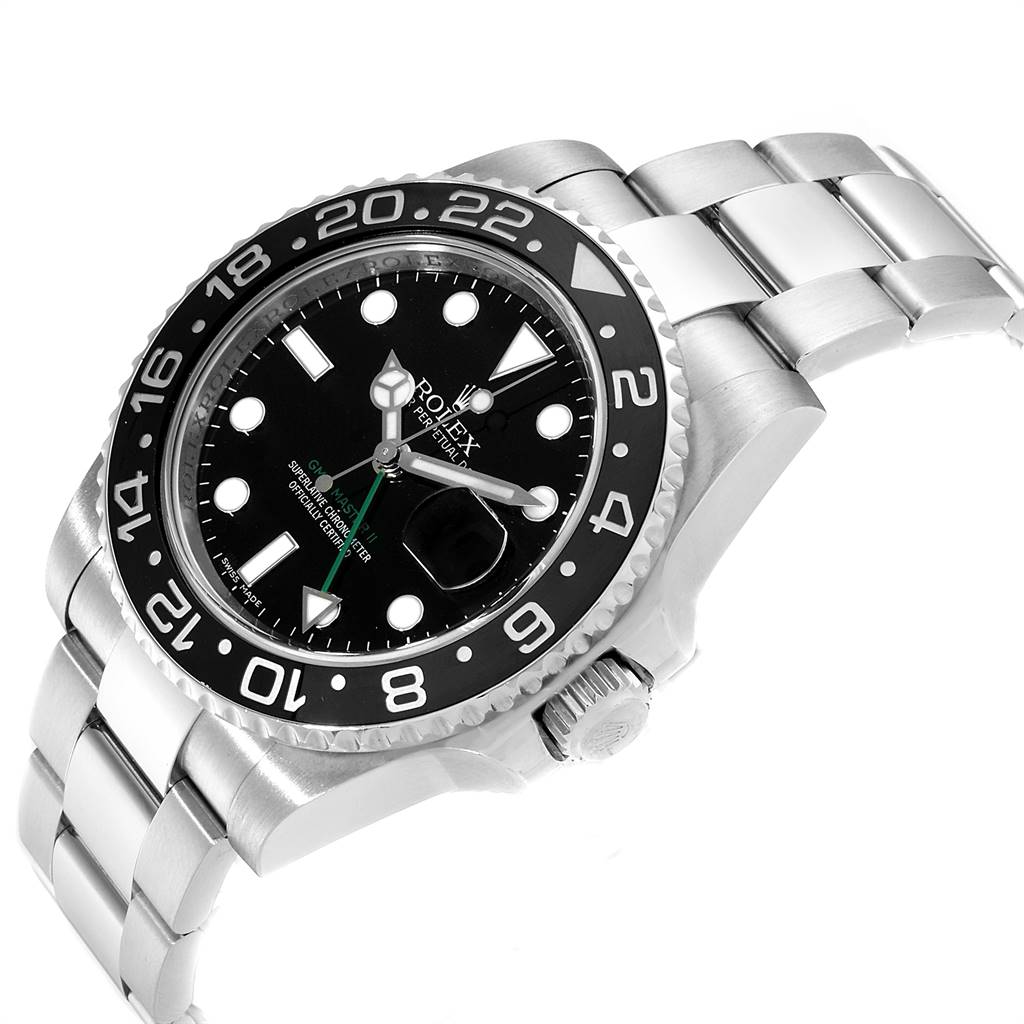 Displayed at an angle, this Rolex GMT-Master 116710 Men's Stainless Steel Black Dial 116710 Men's Stainless Steel Black Dial highlights its black dial, bezel, and stainless steel bracelet.