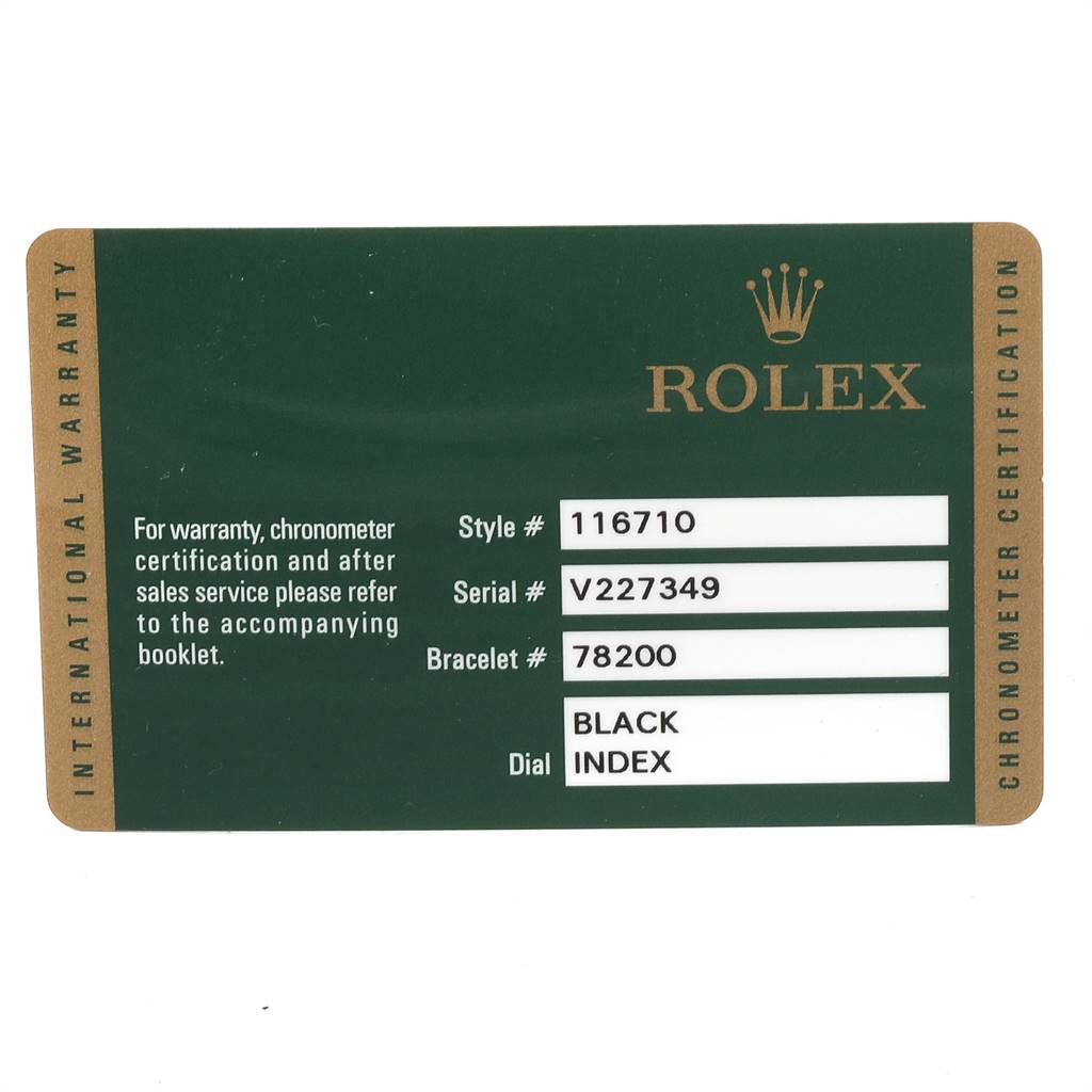 The image shows a warranty card for a Rolex GMT-Master 116710 Men's Stainless Steel Black Dial 116710 Men's Stainless Steel Black Dial model watch, indicating style, serial, bracelet numbers, and dial type.