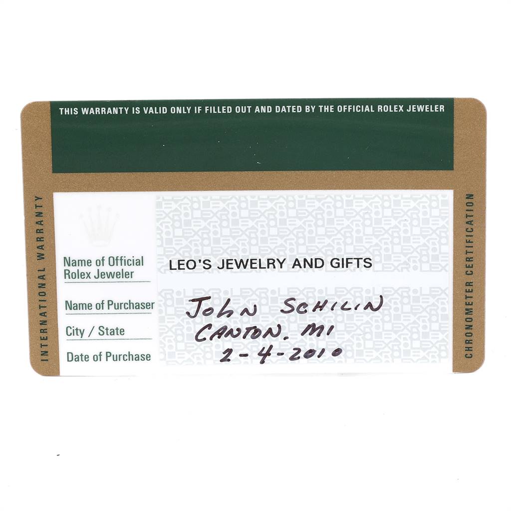 The image shows a Rolex warranty card for a GMT-Master model.