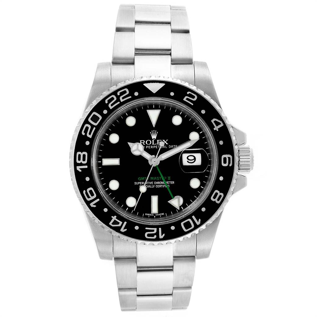 The image shows a front view of a Rolex GMT-Master 116710 Men's Stainless Steel Black Dial 116710 Men's Stainless Steel Black Dial watch, highlighting its black dial, bezel, and stainless steel band.