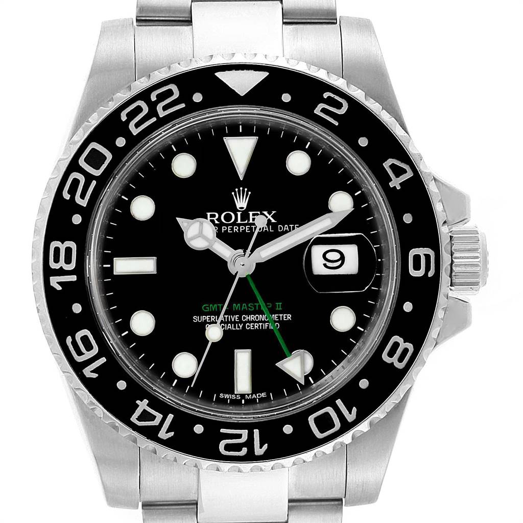 The image shows a frontal view of the Rolex GMT-Master 116710 Men's Stainless Steel Black Dial 116710 Men's Stainless Steel Black Dial II watch, highlighting the bezel, dial, hands, and date window.