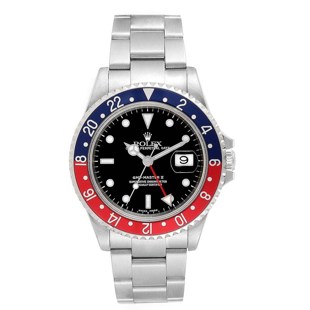 This Rolex GMT-Master 16710 Men's Stainless Steel Black Dial 16710 Men's Stainless Steel Black Dial watch is shown from the front, displaying the dial, bezel, and bracelet.