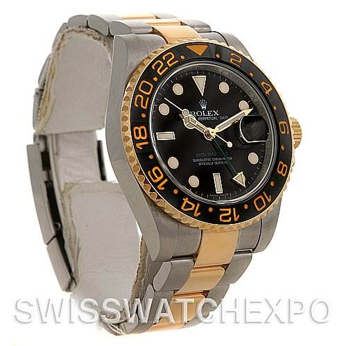 The image shows a side angle of the Rolex GMT-Master 116713 Men's Stainless Steel Black Dial 116713 Men's Stainless Steel Black Dial watch, focusing on the bezel, dial, and bracelet.