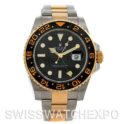 The image shows a Rolex GMT-Master 116713 Men's Stainless Steel Black Dial 116713 Men's Stainless Steel Black Dial watch, featuring its face, bezel, and part of its bracelet, viewed from a front angle.