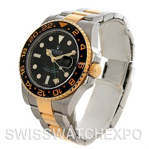 This image shows the front and right side of a Rolex GMT-Master 116713 Men's Stainless Steel Black Dial 116713 Men's Stainless Steel Black Dial watch, featuring a black dial, gold bezel, and two-tone bracelet.