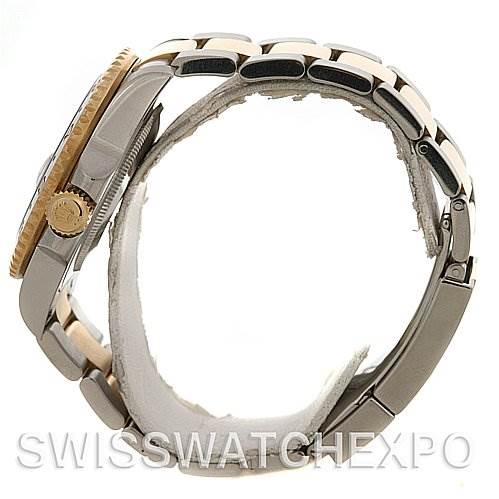 The image shows a side profile of a Rolex GMT-Master 116713 Men's Stainless Steel Black Dial 116713 Men's Stainless Steel Black Dial watch, highlighting the crown and bracelet.