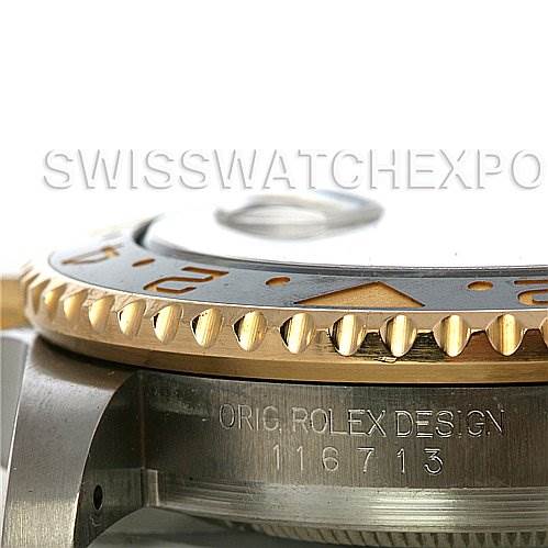 The image shows a side angle of the bezel, lug, and part of the case of a Rolex GMT-Master 116713 Men's Stainless Steel Black Dial 116713 Men's Stainless Steel Black Dial, displaying the model number.