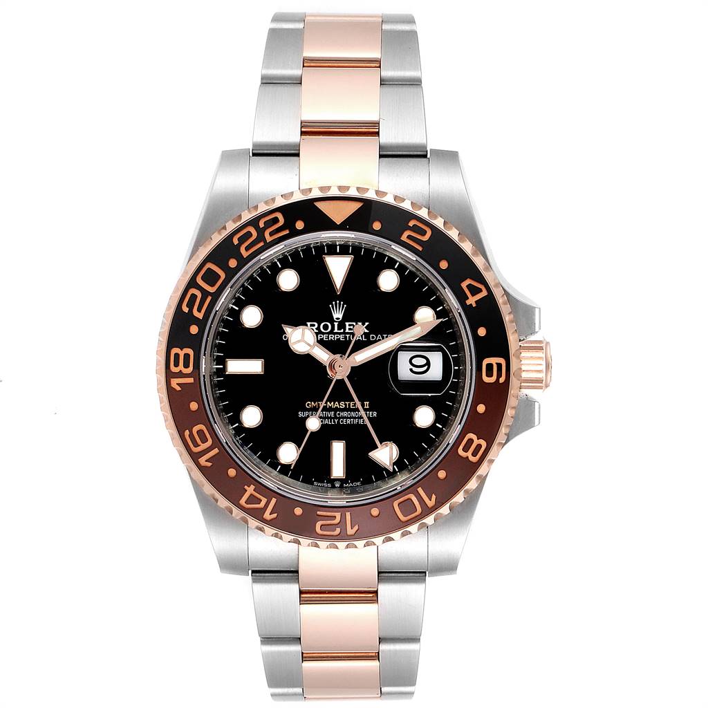 The image shows a front view of a Rolex GMT-Master 126711 Men's Steel and Gold (two tone) Black Dial 126711 Men's Steel and Gold (two tone) Black Dial watch with a two-tone bracelet and a black dial.