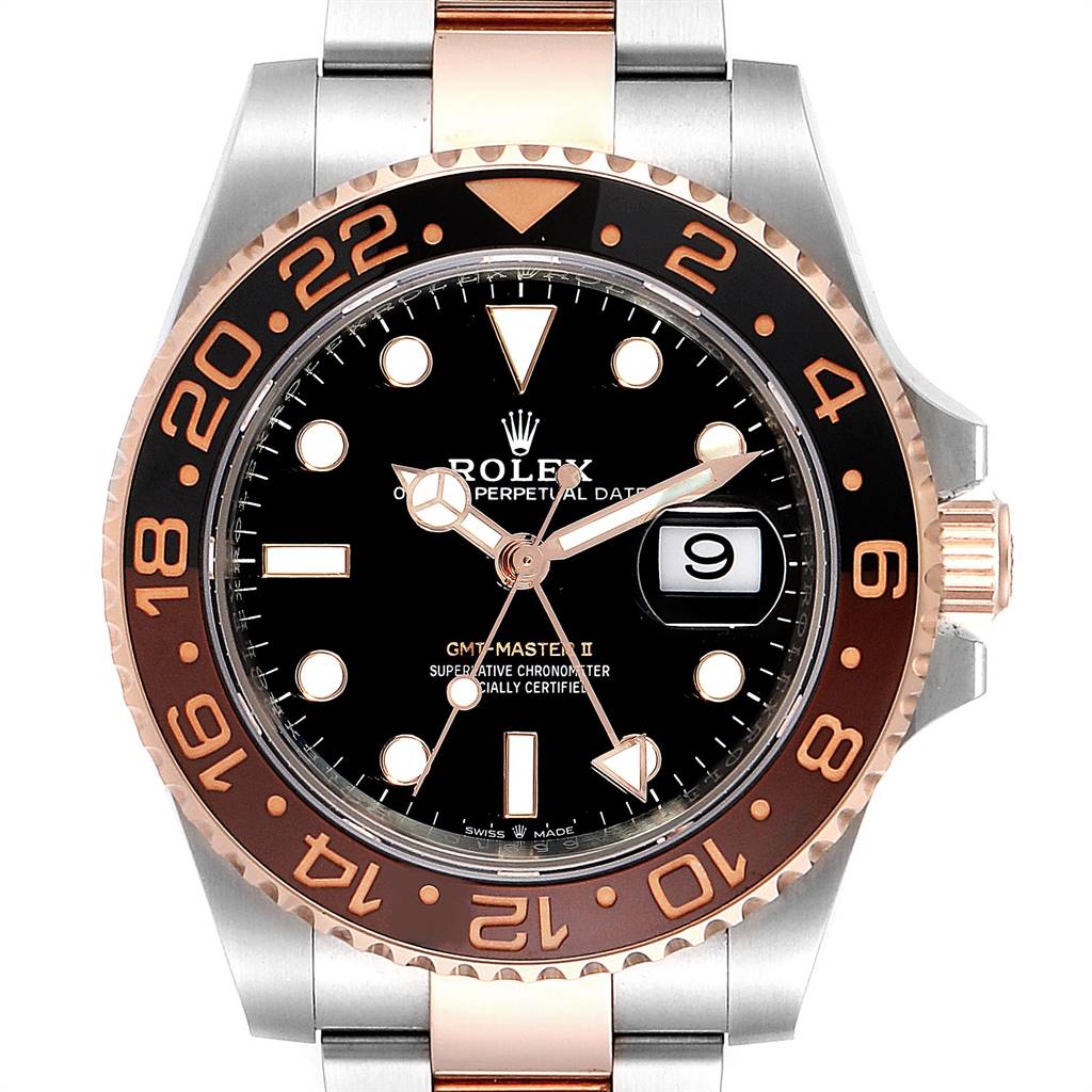 This is a front view of the Rolex GMT-Master 126711 Men's Steel and Gold (two tone) Black Dial 126711 Men's Steel and Gold (two tone) Black Dial II watch, showing the bezel, dial, hands, date window, and part of the bracelet.