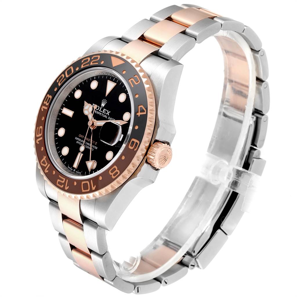 The image shows a Rolex GMT-Master 126711 Men's Steel and Gold (two tone) Black Dial 126711 Men's Steel and Gold (two tone) Black Dial watch at an angle highlighting its face, bezel, crown, and two-tone bracelet.