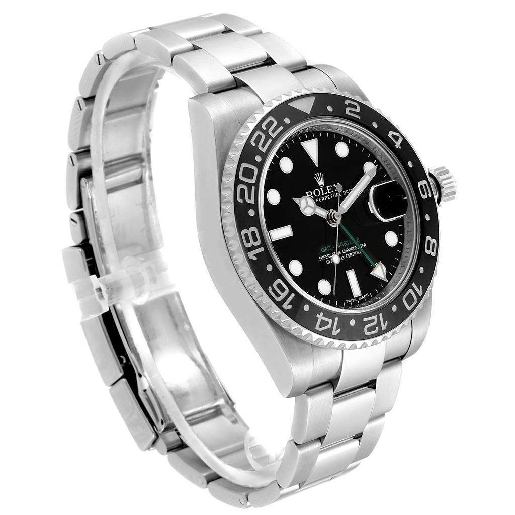 The image shows a Rolex GMT-Master 116710 Men's Stainless Steel Black Dial 116710 Men's Stainless Steel Black Dial watch at a three-quarter angle, displaying the face, bezel, and bracelet.