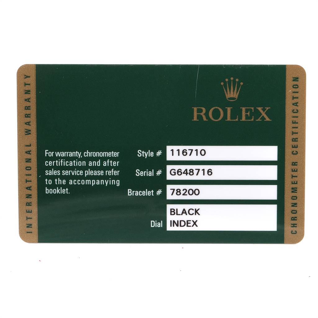 The image shows a warranty card for the Rolex GMT-Master 116710 Men's Stainless Steel Black Dial 116710 Men's Stainless Steel Black Dial model with style #116710.