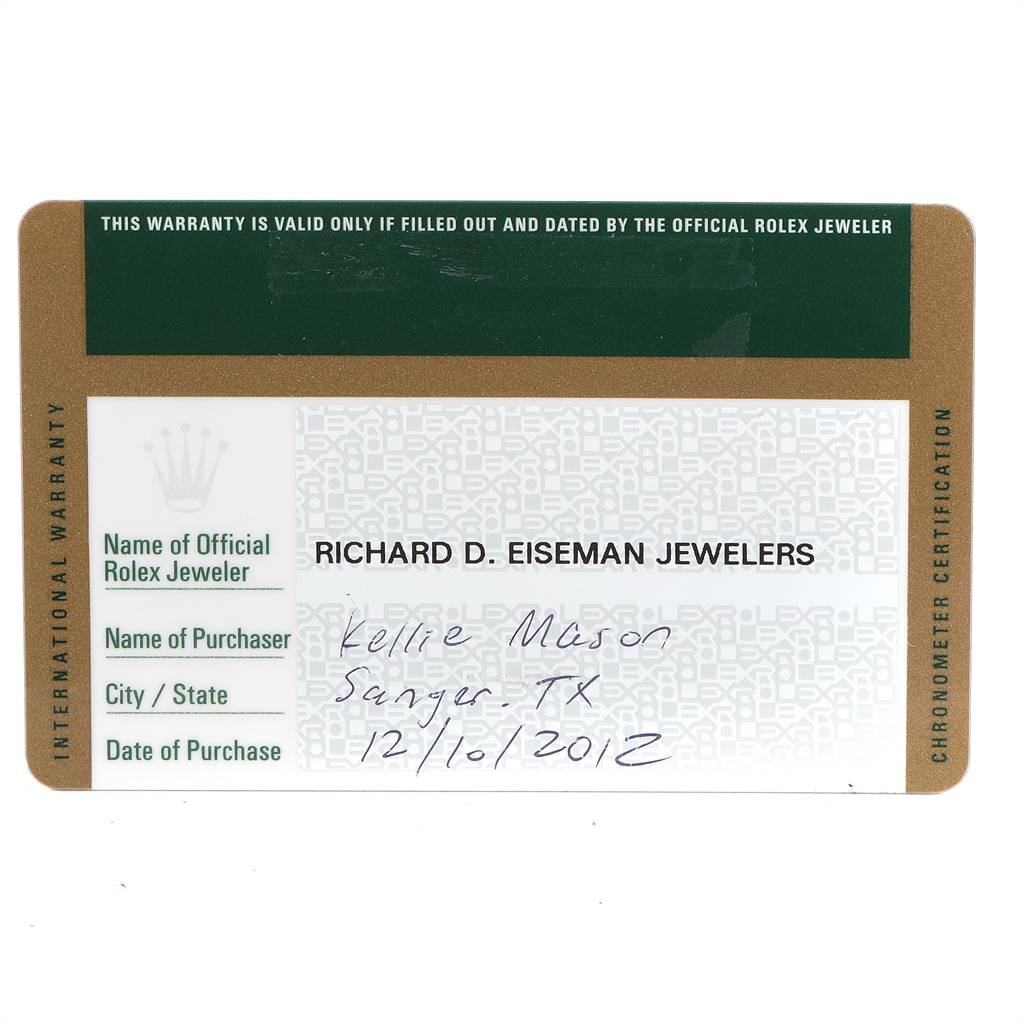 This image shows an international warranty card for a Rolex GMT-Master 116710 Men's Stainless Steel Black Dial 116710 Men's Stainless Steel Black Dial watch from Richard D. Eiseman Jewelers.