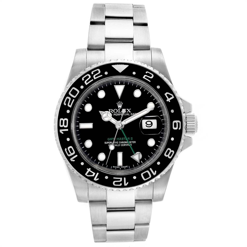 The image shows a front view of the Rolex GMT-Master 116710 Men's Stainless Steel Black Dial 116710 Men's Stainless Steel Black Dial II watch, including the dial, bezel, and part of the bracelet.