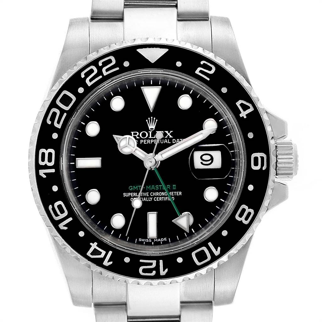 The image shows a front view of the Rolex GMT-Master 116710 Men's Stainless Steel Black Dial 116710 Men's Stainless Steel Black Dial II watch, displaying the dial, bezel, hands, and part of the bracelet.