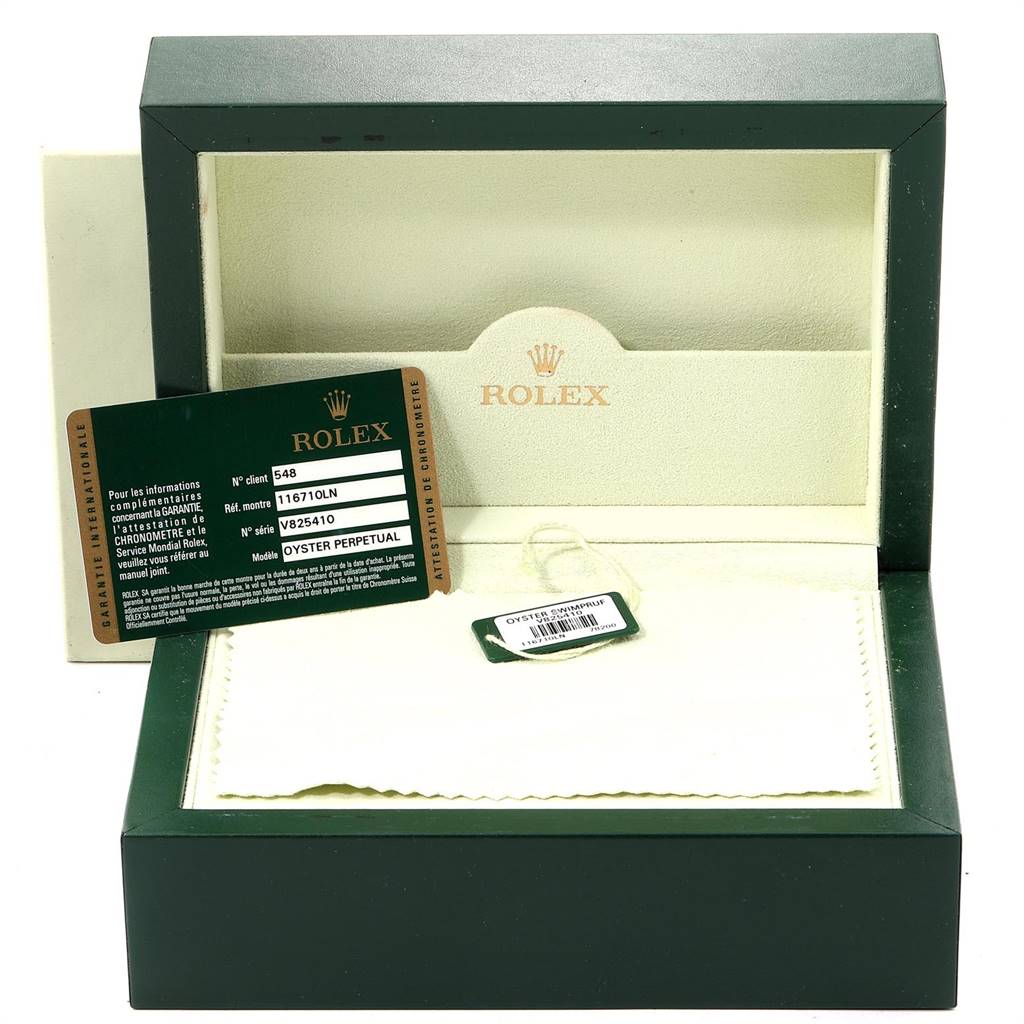 The image shows a Rolex GMT-Master 116710 Men's Stainless Steel Black Dial 116710 Men's Stainless Steel Black Dial watch box with a warranty card and a tag inside.