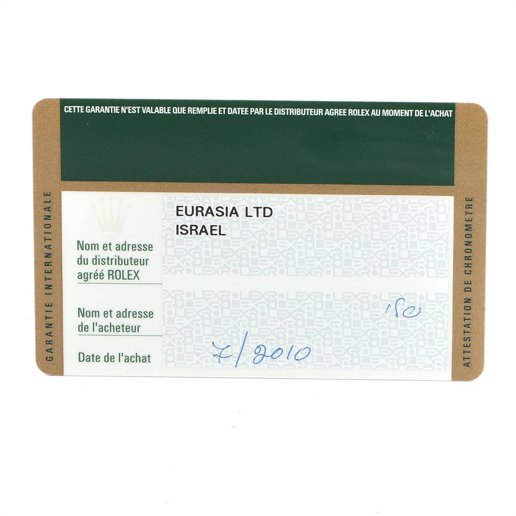 This is a warranty card for a Rolex GMT-Master 116710 Men's Stainless Steel Black Dial 116710 Men's Stainless Steel Black Dial watch, detailing information about the distributor and purchase date.