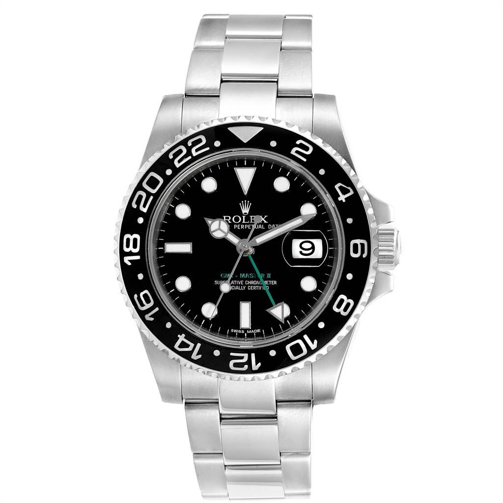 This image shows a front view of the Rolex GMT-Master 116710 Men's Stainless Steel Black Dial 116710 Men's Stainless Steel Black Dial II watch, showcasing its bezel, dial, and bracelet.