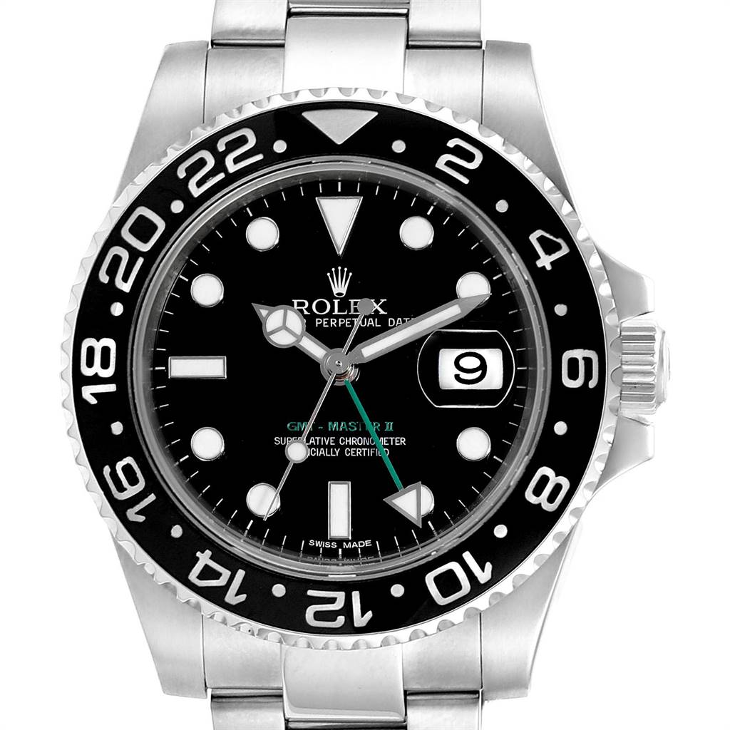 This image shows a front view of the Rolex GMT-Master 116710 Men's Stainless Steel Black Dial 116710 Men's Stainless Steel Black Dial II watch, highlighting its dial, bezel, and bracelet.