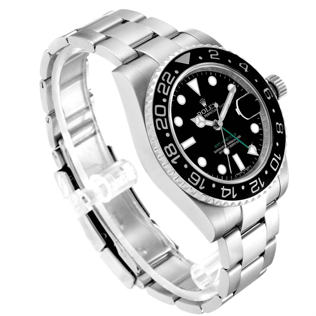 The image shows a side-angle view of a Rolex GMT-Master 116710 Men's Stainless Steel Black Dial 116710 Men's Stainless Steel Black Dial watch, highlighting the case, bezel, dial, and bracelet.