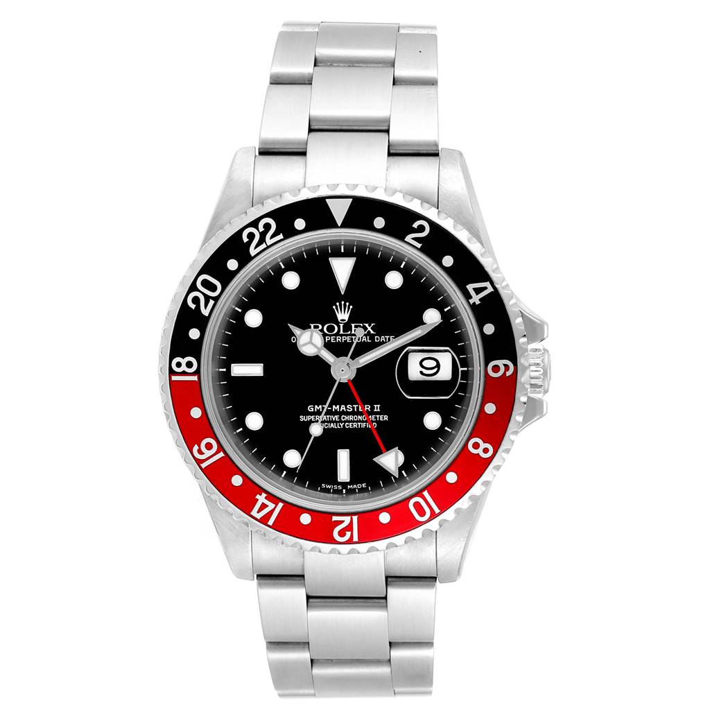 This image shows a front view of the Rolex GMT-Master 16710 Men's Stainless Steel Black Dial 16710 Men's Stainless Steel Black Dial watch, including its bezel, dial, hands, bracelet, and crown.